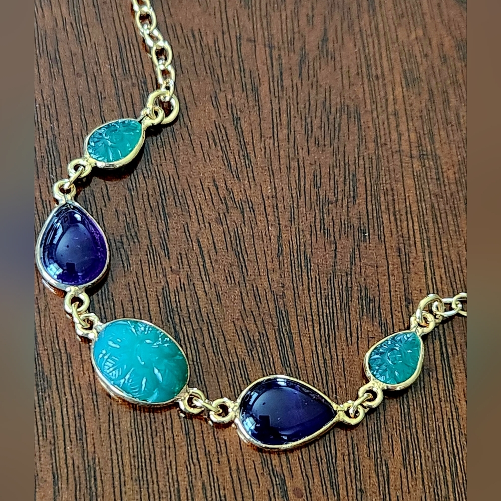 NWT! ARGENTO VIVO 18K GOLD/ Sterling Silver Carved Aventurine Amethyst Necklace!